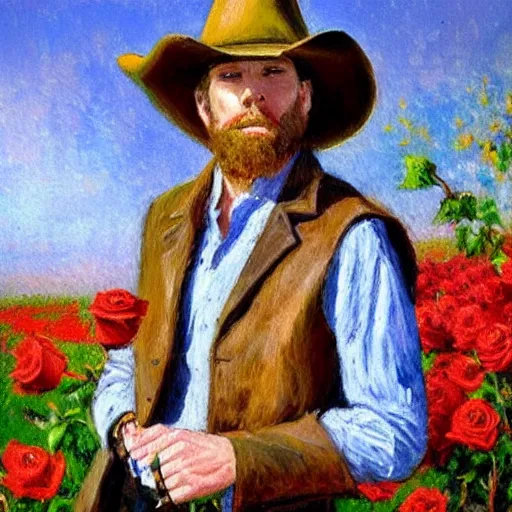 Image similar to an impressionist painting of a tall man with blue eyes that is wearing a cowboy hat and a leather vest. He is holding a revolver in his left hand and a rose is in his right hand. He is standing in a field of roses.