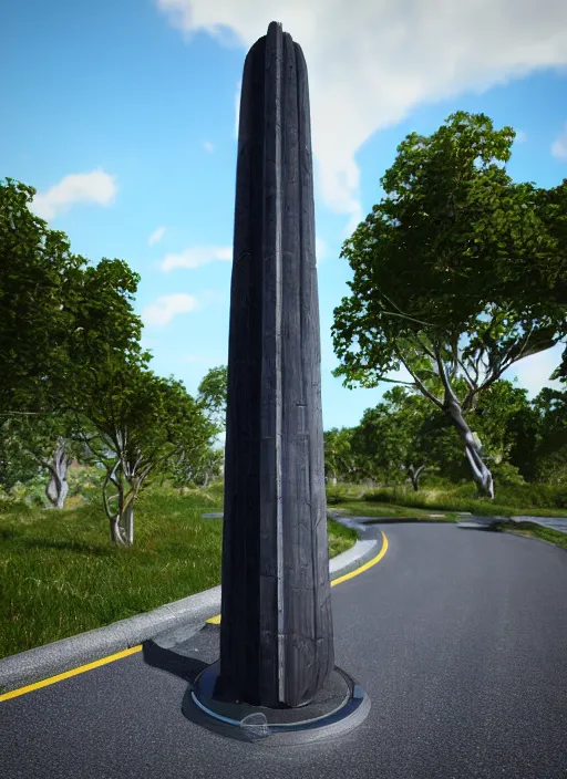 Prompt: highly detailed photo of a high tech futuristic tall stele standing on the road ring made in unreal engine 4