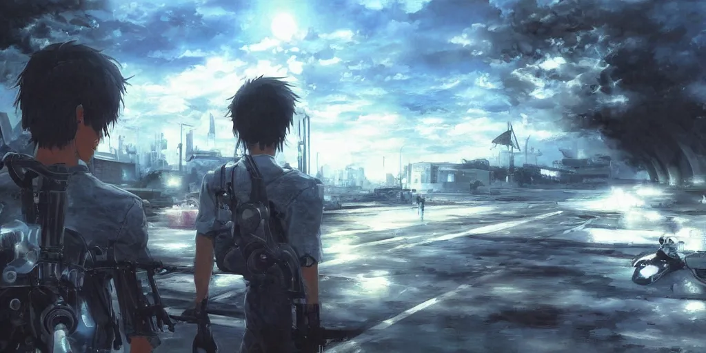 Image similar to terminator ; the most beautiful painting in the world ; by makoto shinkai