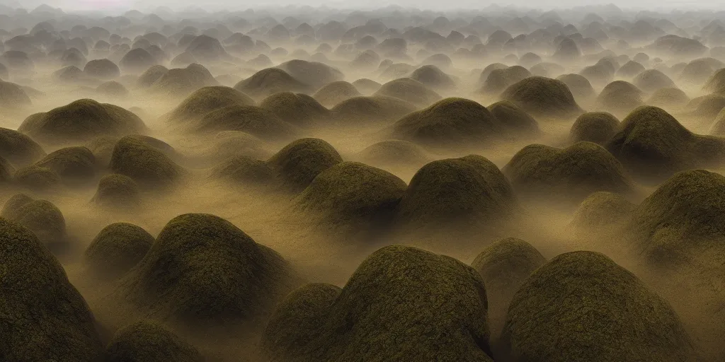 Image similar to A landscape of an alien planet stretching as far as the eye can see, with misty rolling hills on bizarre floating rock formations, vigorous misty mountains, and rainy thunderclouds, raining, landscape photography, landscape imagery, landscape perspective, trending on artstation, artstationHD, artstationHQ, 4k, 8k, yellow color scheme.