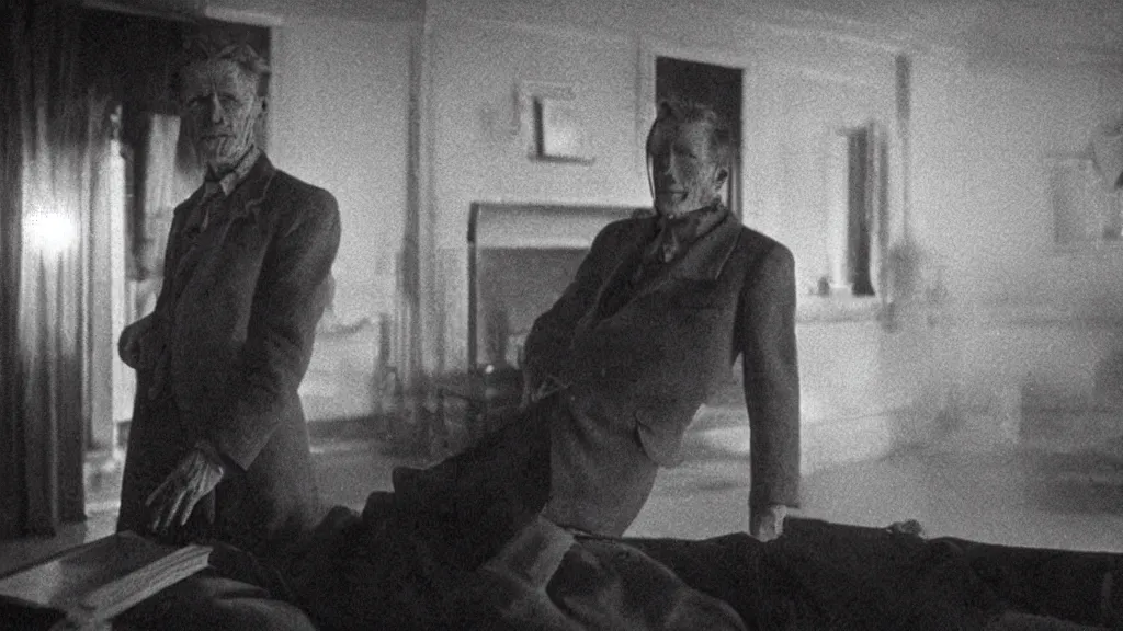 Image similar to an mri image of james cavell in the living room, film still from the movie directed by denis villeneuve with art direction by salvador dali, wide lens