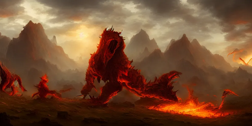 Image similar to a mythical battle between two giant fiery creatures, broken landscape, by Andreas Rocha + Ted Nasmith, cinematic lighting, masterpiece, highly detailed, 8k resolution, trending on art station