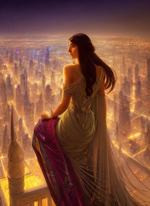 Image similar to an arabian princess looking over her city at night in the rain, shiny, fantasy, intricate, elegant, hyper detailed, ultra definition, photoreal, artstation, unreal engine rendered, concept art, smooth, sharp focus, illustration, art by artgerm and greg rutkowski and alphonse mucha and garis edelweiss