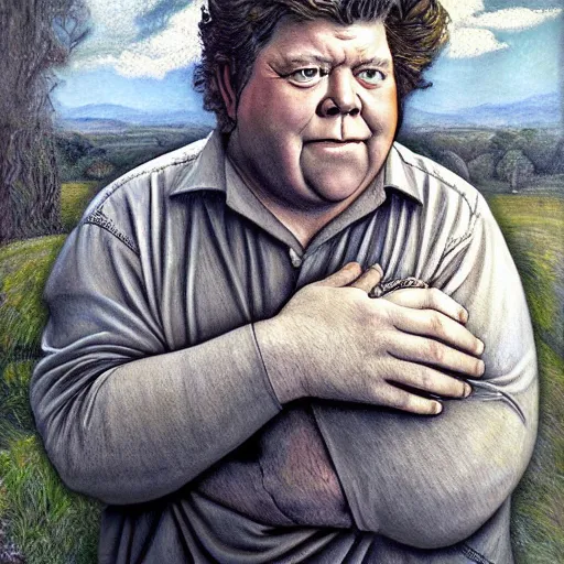 Image similar to amazing artgerm portrait of george wendt as a preraphaelite painting, collaboration with j. scott campbell and artgerm with edward burn jones