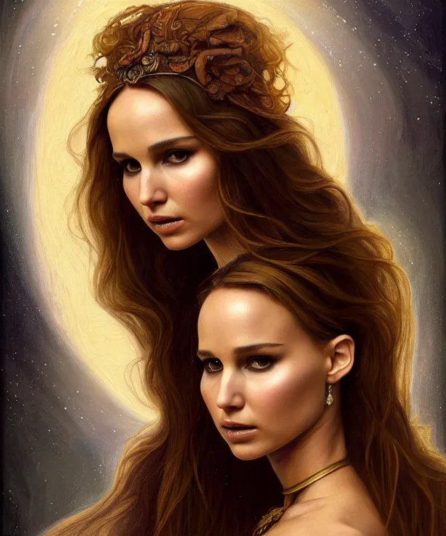 Image similar to half nathalie portman half Jennifer lawrence a fantasy magic woman portrait by Sandro Botticelli, oil painting masterpiece, sci-fi, amber eyes, face, long hair, fantasy, intricate, elegant, highly detailed, digital painting, artstation, concept art, smooth, sharp focus, illustration, art by artgerm and greg rutkowski and alphonse mucha