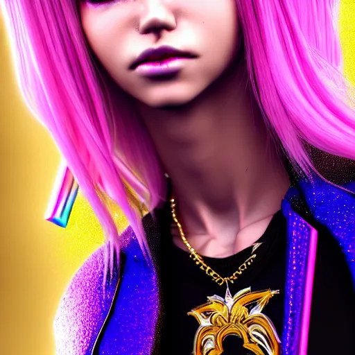 Prompt: hyperdetailed portrait of a stunningly beautiful cyberpunk cutie with blonde hair guard made of iridescent metals and shiny pink gems, bright rainbow nimbus, gold necklace, gold background inspired by ross tran and masamune shirow and kuvshinov, intricate, photorealistic, octane render, rtx, hdr, unreal engine, dnd digital art by artgerm