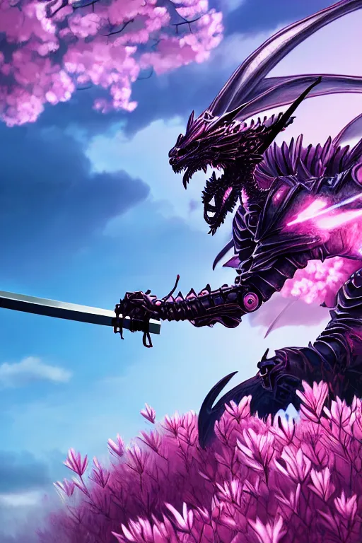 Image similar to illustration cinematic cyborg dragon yielding katana in a field of pink flowers, highly detailed concept art masterpiece, desaturated vitaly bulgarov eric zener dramatic blue light, ground angle uhd 8 k, sharp focus