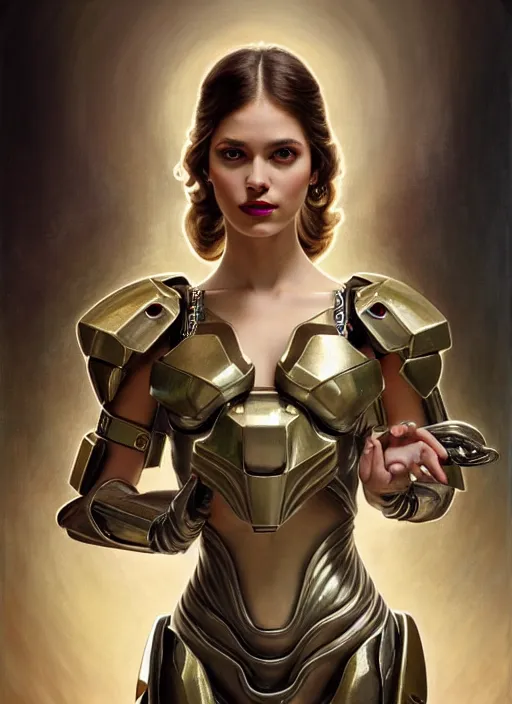 Prompt: glamorous latin portrait, seductive eyes and face, elegant, lascivious pose, very detailed face, studio lighting, photorealism, wearing Forerunner armor from Halo portrait by Magali Villeneuve and Steve Argyle,Livia Prima,Mucha,dress,fantasy art,beautiful,artstation,trending on artstation,intricate details,alluring,masterpiece