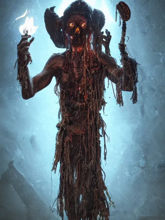 Prompt: fine painting of a death shaman from an ancient culture with mushrooms growing from his body, candlelight, 8 k, ultra realistic, lens flare, atmosphere, glow, detailed, intricate, full of colour, cinematic lighting, trending on artstation, 4 k, hyperrealistic, focused, extreme details, unreal engine 5, cinematic, masterpiece