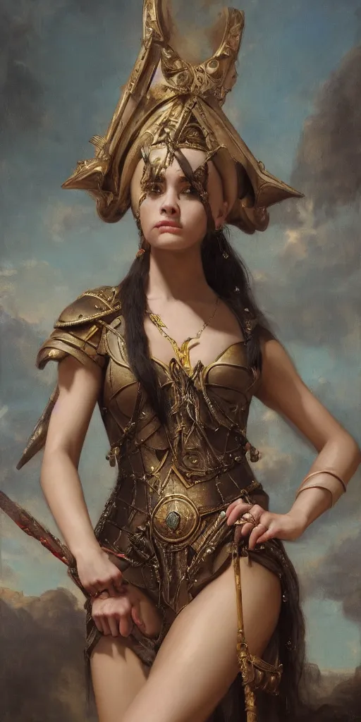 Prompt: the portrait of madison beer as amazon in intricate dress by roberto ferri, fantasy, witcher, very detailed oil painting, masterpiece, 8 k