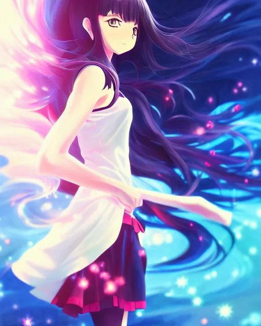 Image similar to anime style, vivid, expressive, full body, 4 k, painting, a cute magical girl with a long wavy black hair, stunning, realistic light and shadow effects, centered, simple background, studio ghibly makoto shinkai yuji yamaguchi