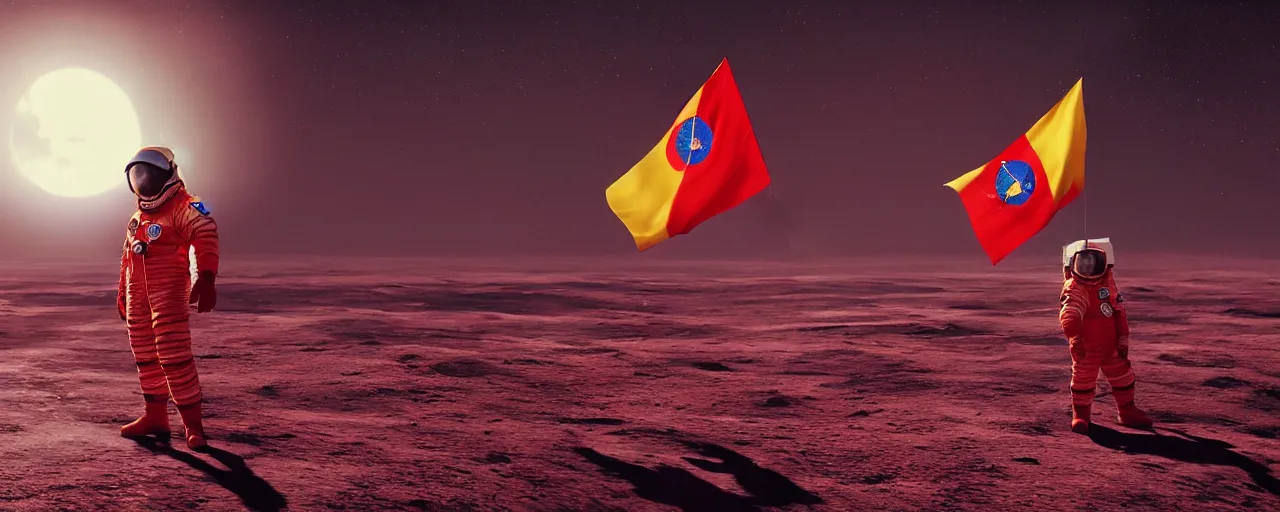 Image similar to an cosmonaut in red on white on yellow costume holding vietnam flag, standing on the moon spaceship in the background, wide angle cinematic composition, concept art by greg rutkowski, octane render