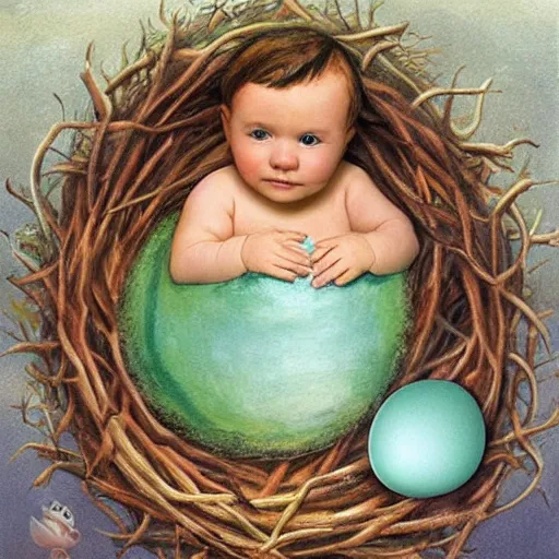 Prompt: baby mermaid next to a ooen egg in a nest, realistic, high detailed, fantasy art, anne geddes