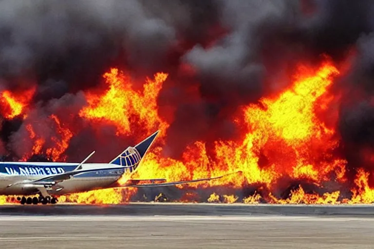 Prompt: “United Airlines boeing 777 landing in hell, surrounded by fire”