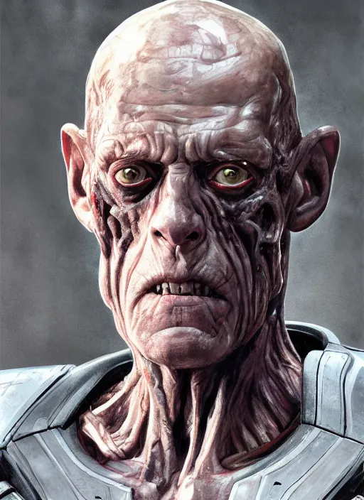 Image similar to michael berryman as victor stone, full body concept, cyborg, borg, strogg, face of a man, terminator, flesh, quake strogg, doom demon, wolfenstein, monstrous, powerful, symmetry, symmetrical, concept art by ruan jia and greg rutkowski