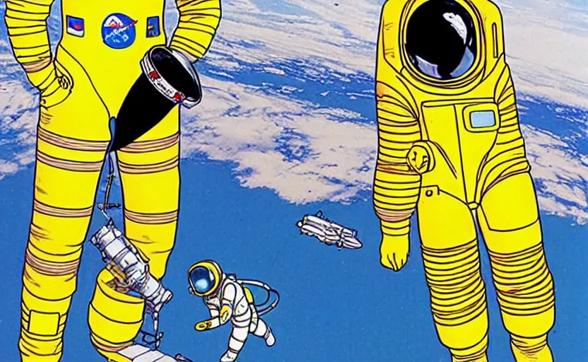 Prompt: yoko tsuno a female astronaut in jaxa yellow spacesuit floating in a scenic space environment next to spaceship, moebius