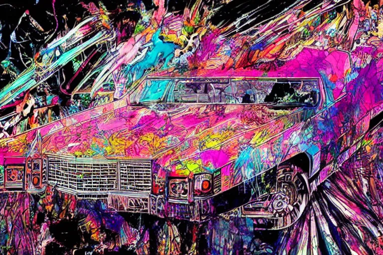 Prompt: psychedelic cadillac illustrations by Ralph Steadman and Bill sienkiewicz and carne griffiths