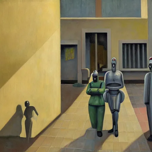 Image similar to drab workers wearing gas masks walking along cloisters, watched by fascist robots, brutalist courtyard, dystopian, pj crook, edward hopper, oil on canvas