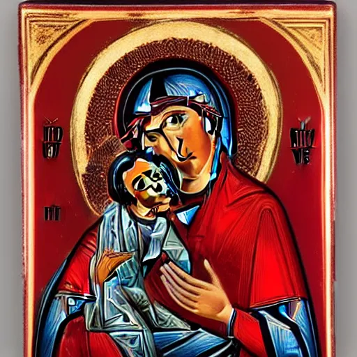 Image similar to red and silver icon of the Theotokos