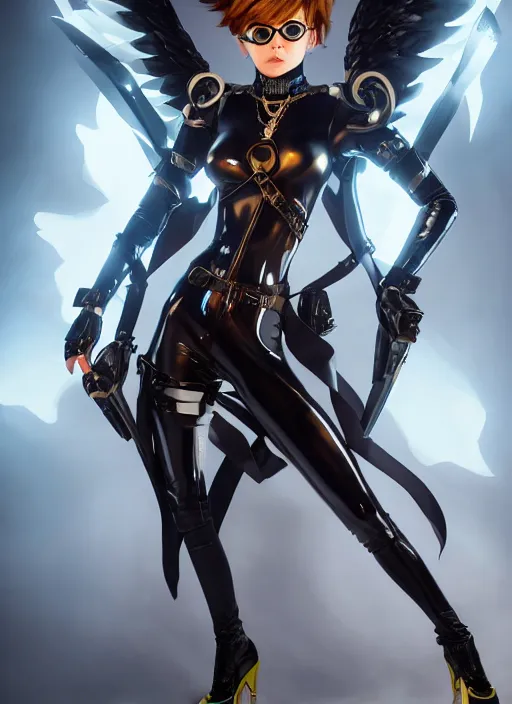 Prompt: full body artwork of tracer overwatch, wearing black latex outfit, in style of mark arian, angel wings, dramatic painting, wearing detailed leather collar, black shiny armor, chains, black harness, detailed face and eyes,