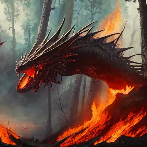 Prompt: A fire-breathing dragon flying above a forest and burning the trees, matte painting with lots of fine detail, cinematic, dramatic, trending on artstation