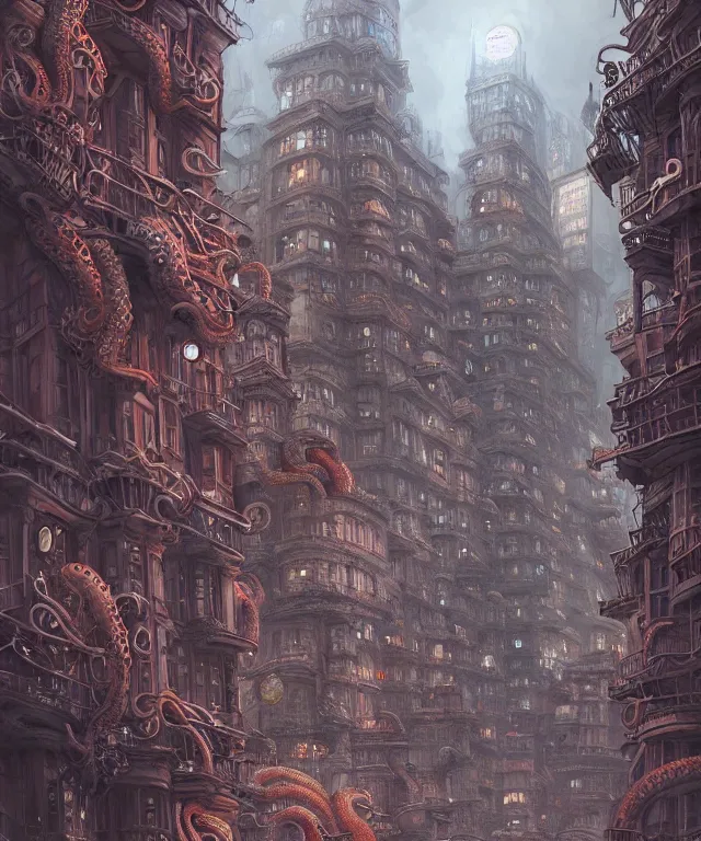 Image similar to street view of a city made of tentacles, fantasy, intricate, elegant, highly detailed, digital painting, artstation, concept art, matte, sharp focus, illustration, art by keith thompson and christopher lane