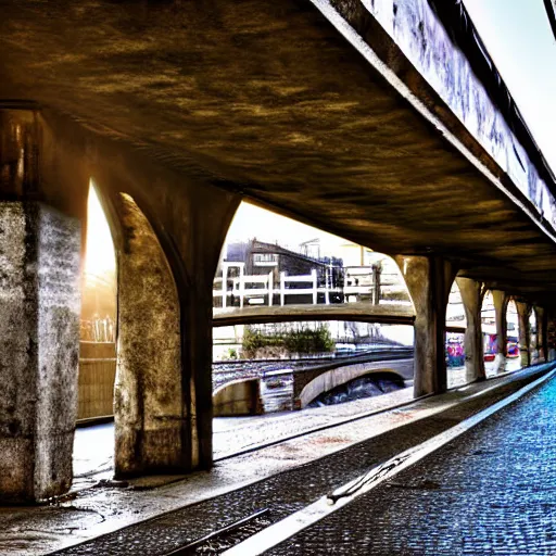 Image similar to poor people life under railway bridge, hyper realistic, best on adobe stock, 3 5 mm lens by steve mccury