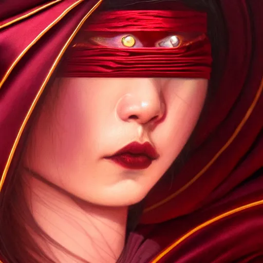 Prompt: chaotic burgundy satin ribbons instead of skin build image of mystic face, moebius, bao pham, donato giancola, larry elmore, masterpiece, trending on artstation, featured on pixiv, cinematic composition, beautiful lighting, sharp, details, hyper - detailed, hdr, 4 k, 8 k