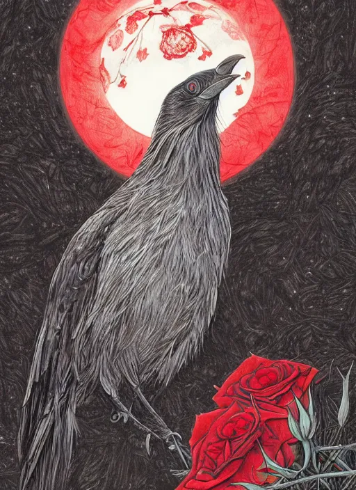 Prompt: portrait, A proud crow with red eyes in front of the full big moon, book cover, red roses at the top, red white black colors, establishing shot, extremly high detail, foto realistic, cinematic lighting, pen and ink, intricate line drawings, by Yoshitaka Amano, Ruan Jia, Kentaro Miura, Artgerm, post processed, digital art, artstation, matte painting, style by eddie mendoza, raphael lacoste, alex ross