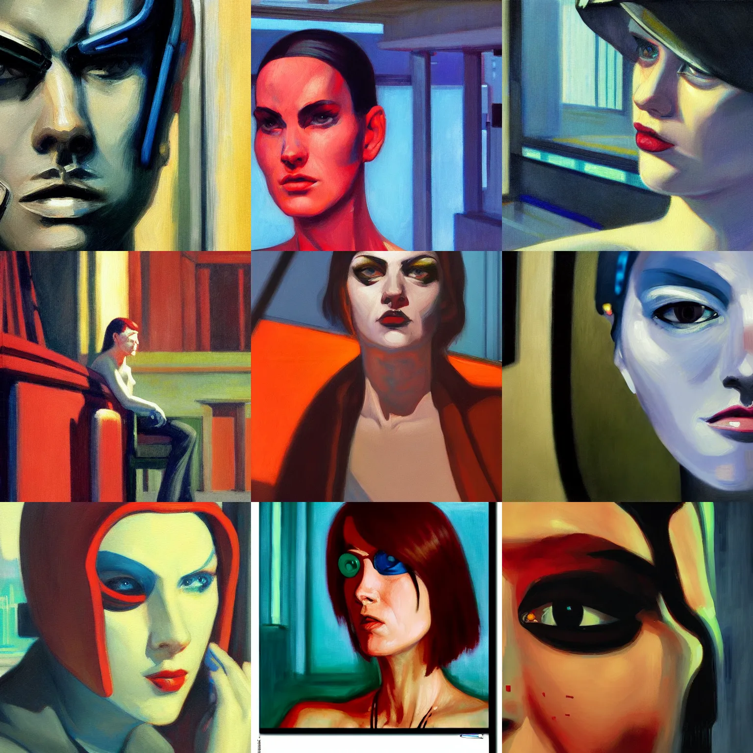 Prompt: a close-up cyberpunk portrait painted by Edward Hopper