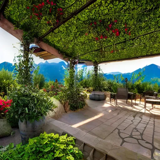 Image similar to Sky patio with luscious fantasy garden, mountains in teh distance, hidden grove, hd, detailed