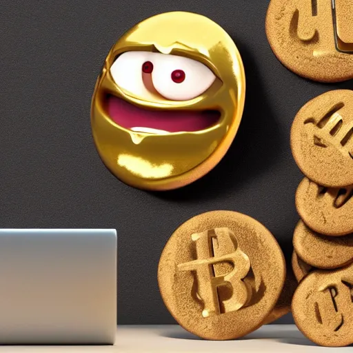 Image similar to luckys calls crypto logo golden cookie with big eyes, licking itself, big tongue, funny character from pixar, detailed 3d render, rim light