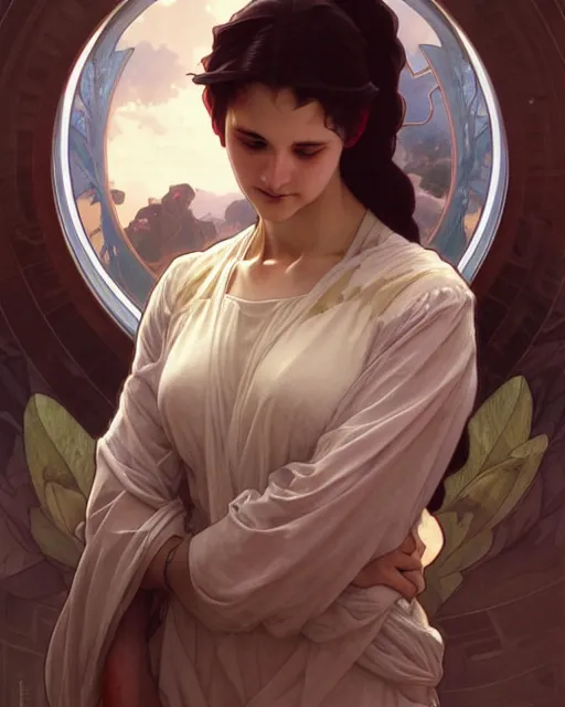 Prompt: a portrait of anguish, concept art, smooth, sharp focus, illustration, art by artgerm and greg rutkowski and alphonse mucha and william - adolphe bouguereau