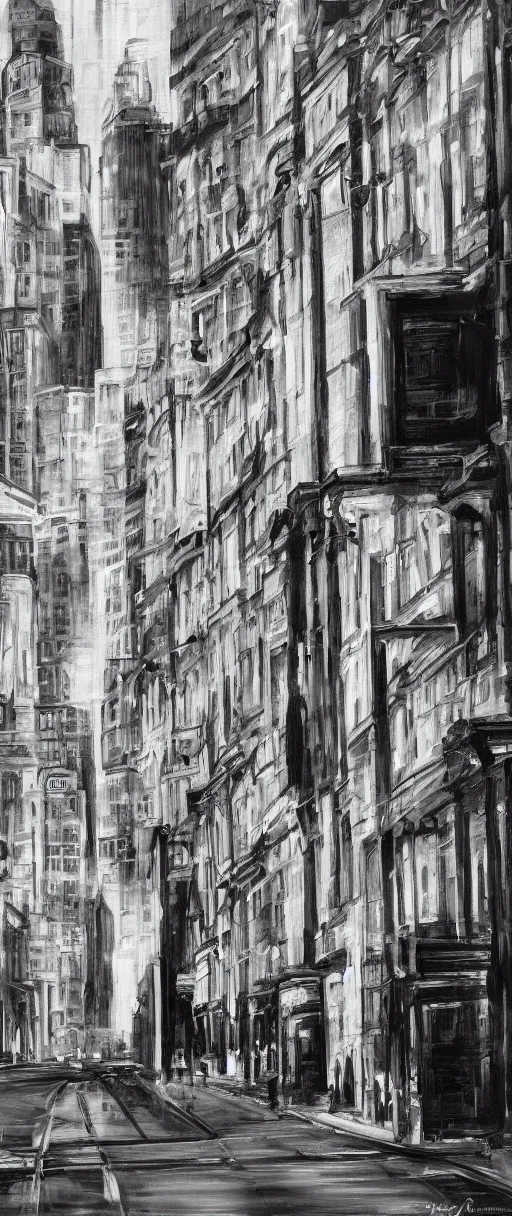 Image similar to Leeds City Centre black and white concept art oil painting