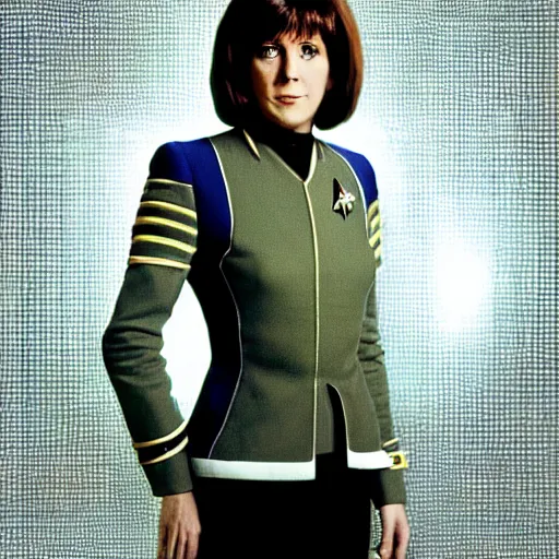 Image similar to a full body photograph of sarah jane smith as a star fleet science officer from star trek next generation, full dress uniform, symmetrical face, extreme realism and detail, 8 k, completely framed, direct lighting, 3 5 mm photo, photorealistic, sharp focus