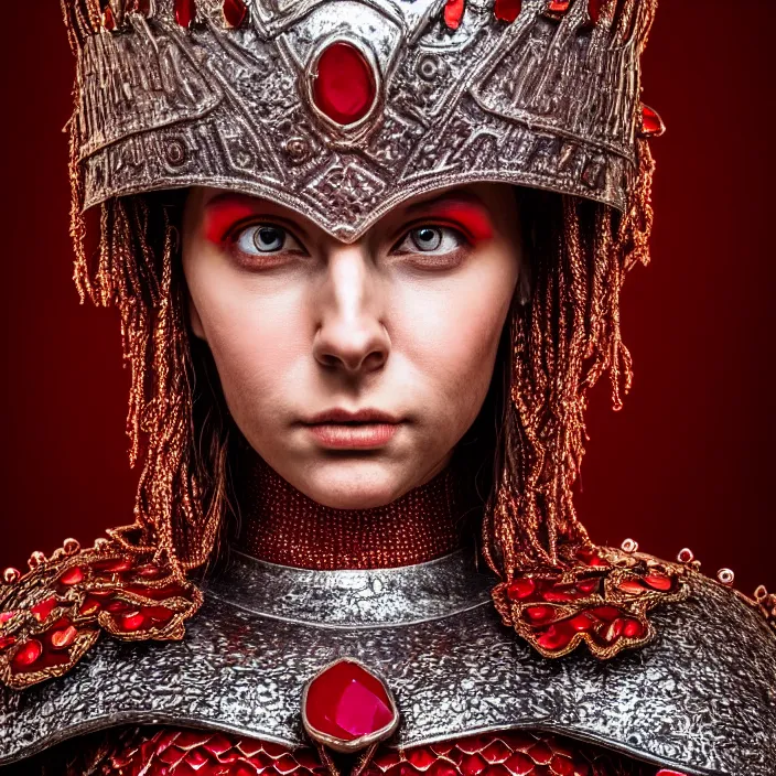 Image similar to full body portrait photo of a beautiful strong warrior queen wearing ruby encrusted armour, highly detailed, 4 k, hdr, smooth, sharp focus, high resolution, award - winning photo