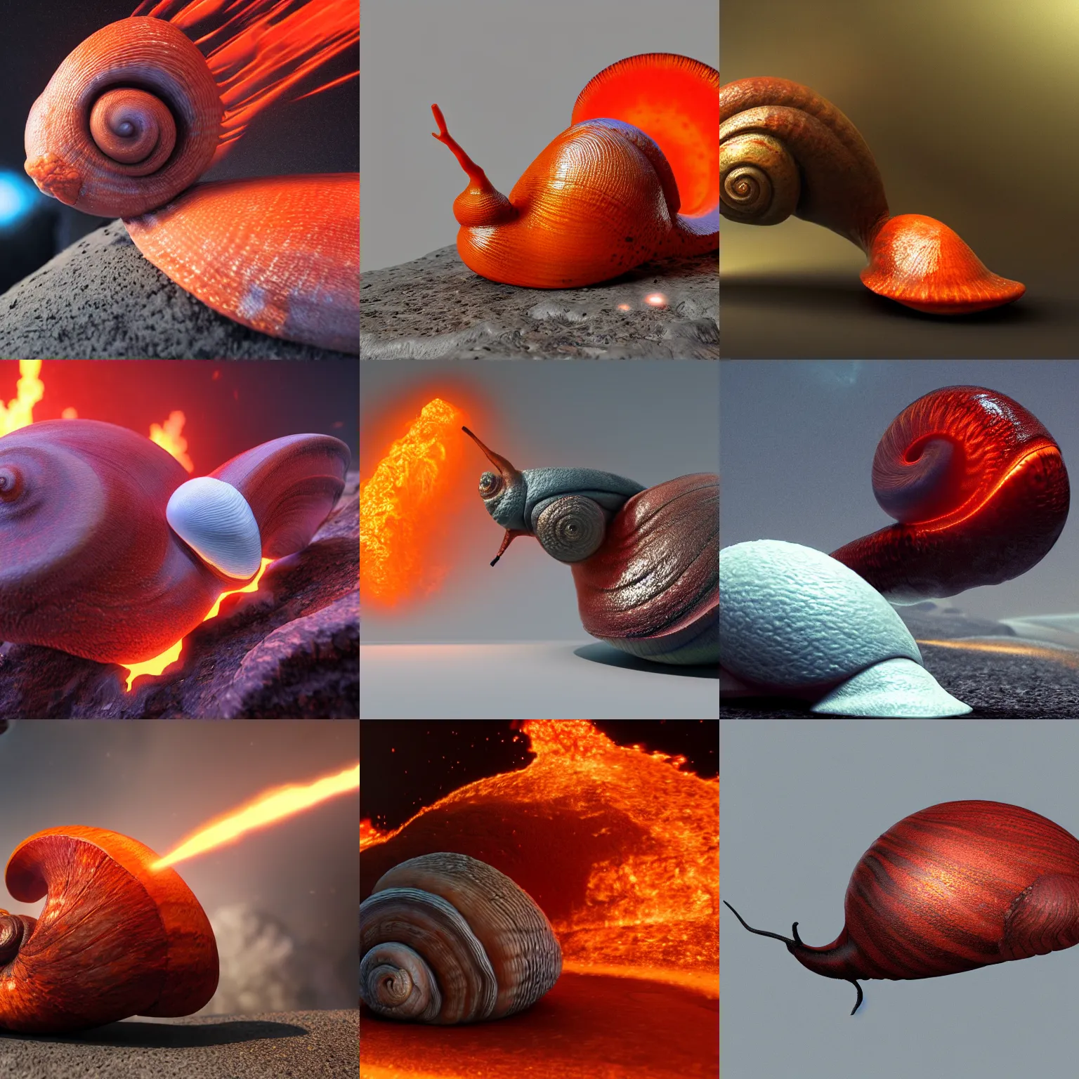 Prompt: render of a magma snail with a volcanic shell, unreal engine, beautiful ray tracing, nvidia