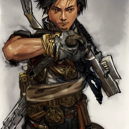 Image similar to portrait of a hero holding his sword in front of his face by yoji shinkawa, high quality, extra details, realism, ornate, colored, golden chain, blood, white skin, short hair, brown eyes, vivid, sunlight, dynamic, american man, freedom, white american soldier, pencil, twins