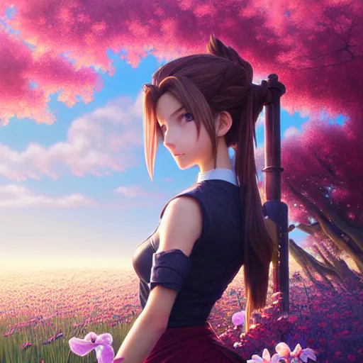 Prompt: aerith from final fantasy 7 by tom bagshaw, sitting in a flower field by ilya kuvshinov, rtx reflections, maya, extreme high intricate hyperrealistic details by wlop, digital anime art by ross tran, medium shot, composition by sana takeda, dramatic lighting by greg rutkowski