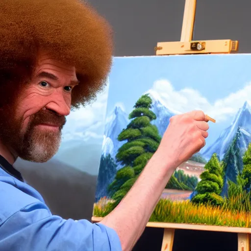 Image similar to a closeup photorealistic photograph of bob ross working on a canvas painting of the cookie monster. film still. brightly lit scene. mountains and trees. this 4 k hd image is trending on artstation, featured on behance, well - rendered, extra crisp, features intricate detail, epic composition and the style of unreal engine.