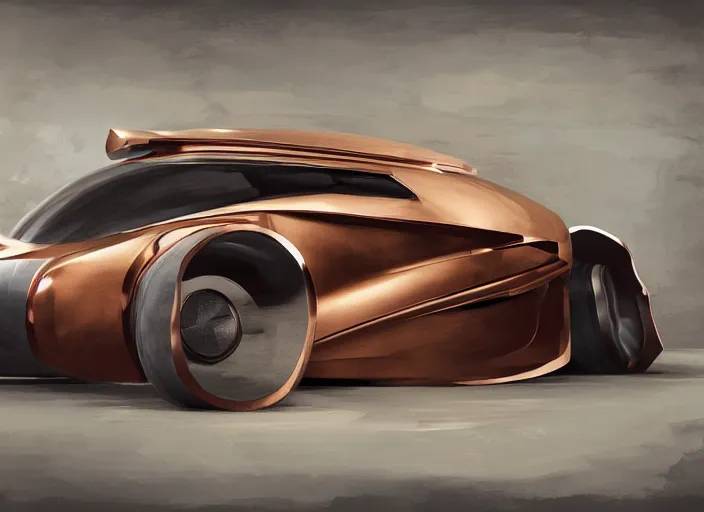 Image similar to an automobile with copper paint, in a studio, futuristic, art style by pablo carpio, car design by vergil exner, big engine and big wheels. full view, blank background.