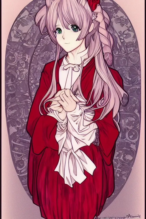Image similar to Anime girl with chin length white hair, wearing red gothic lolita clothing, trending on Instagram, digital drawing, anime animation cell, colored manga panel, art by Alphonse Mucha