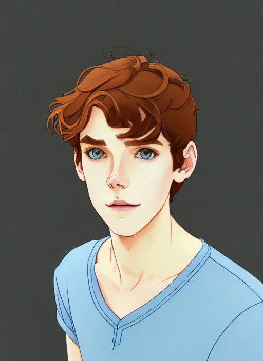 Image similar to art nouveau portrait of a teen boy with completely straight auburn hair, light blue eyes, pale skin, freckles, sad expression, t - shirt, modern casual clothing, natural lighting, path traced, highly detailed, high quality, cartoon, digital painting, by don bluth and ross tran and studio ghibli and alphonse mucha