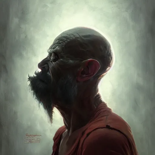 Image similar to portrait of a red bald man with black eyes and a black teeth, horror, glowing eyes, by Stanley Artgerm Lau , greg rutkowski, thomas kindkade, alphonse mucha, loish, norman rockwell. Trending on artstation detailed illustration hd 4k