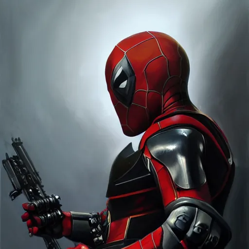 Image similar to greg manchess portrait painting of an armored dark deadpool iron spiderman as overwatch character, medium shot, asymmetrical, profile picture, organic painting, sunny day, matte painting, bold shapes, hard edges, street art, trending on artstation, by huang guangjian, gil elvgren, ruan jia, greg rutkowski, gaston bussiere