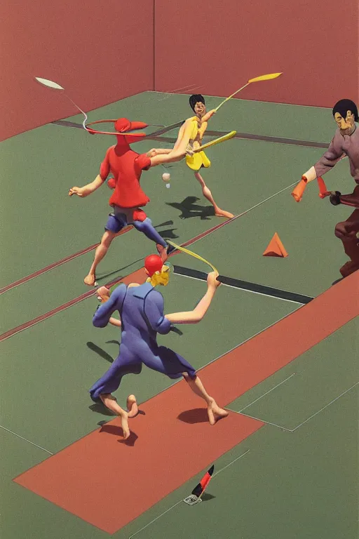Image similar to a colorful plastic action figure of men wearing hippo masks playing badminton, by kawase hasui, moebius, Edward Hopper and James Gilleard, Zdzislaw Beksinski, Steven Outram colorful flat surreal design, hd, 8k, artstation