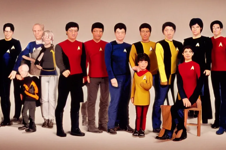 Image similar to star trek next generation bridge crew, family portrait, in style of hayao miyazaki