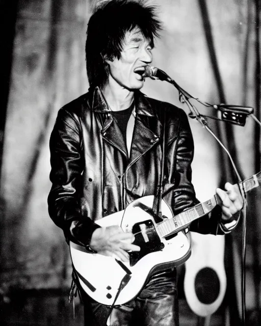 Prompt: sixty years old viktor tsoi with guitar in his hands, leather jacket, photo, microphone, rock concert, black and white, iso 9 0 0, 3 5 mm, kodak gold