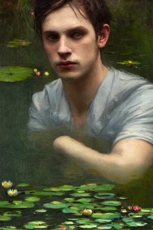 Image similar to detailed cinematic moody colors studio portrait of a young victorian gentleman in a beautiful victorian water pond, water lilies, high quality by jeremy mann, only one head single portrait