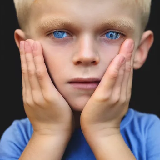 Image similar to portrait of a boy with his hand on his face, extremely realistic and real, photorealistic, blonde hair and blue eyes, detailed facial structure, real eyes that are detailed, real hands